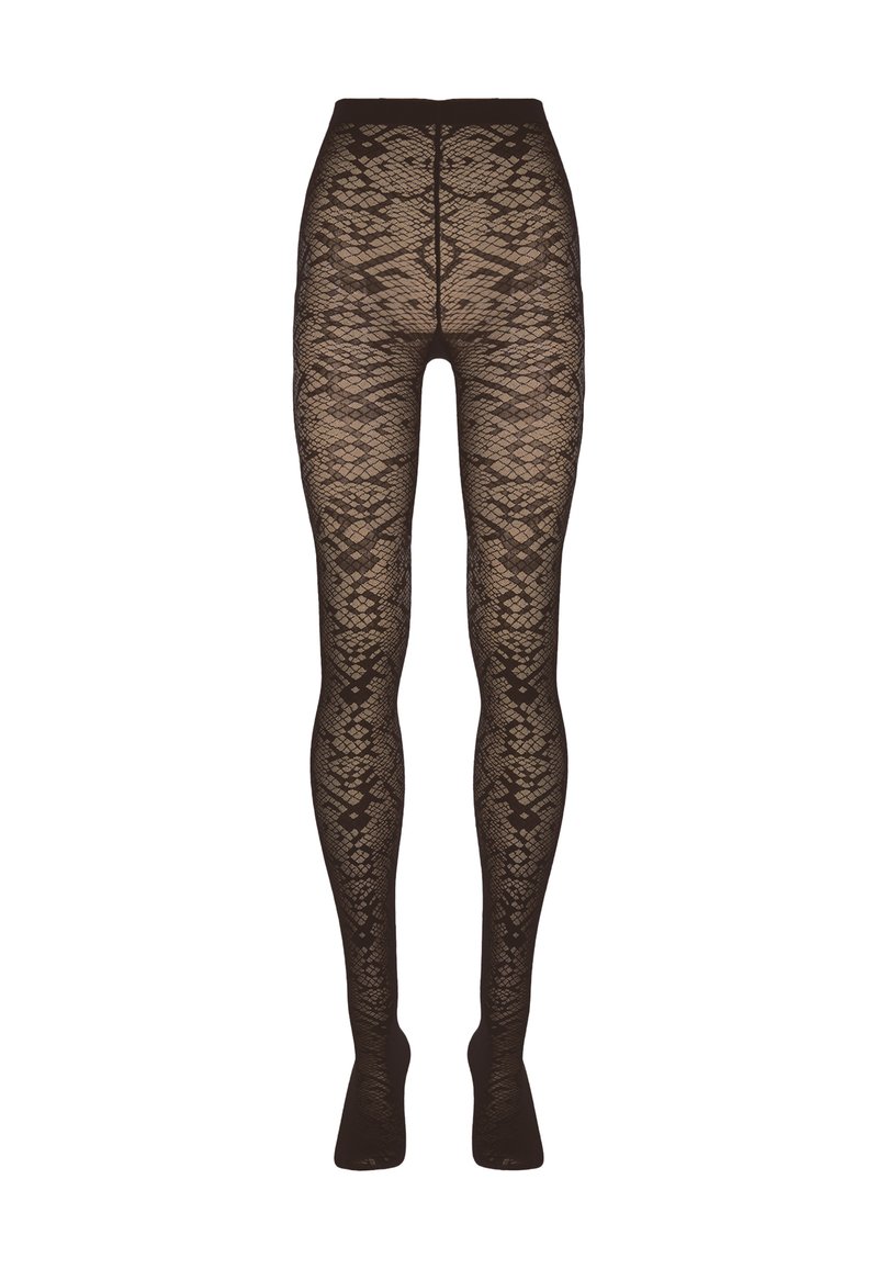 Collant neri trasparenti con un intricato modello in pizzo geometrico che copre le gambe dalla vita alle dita dei piedi.