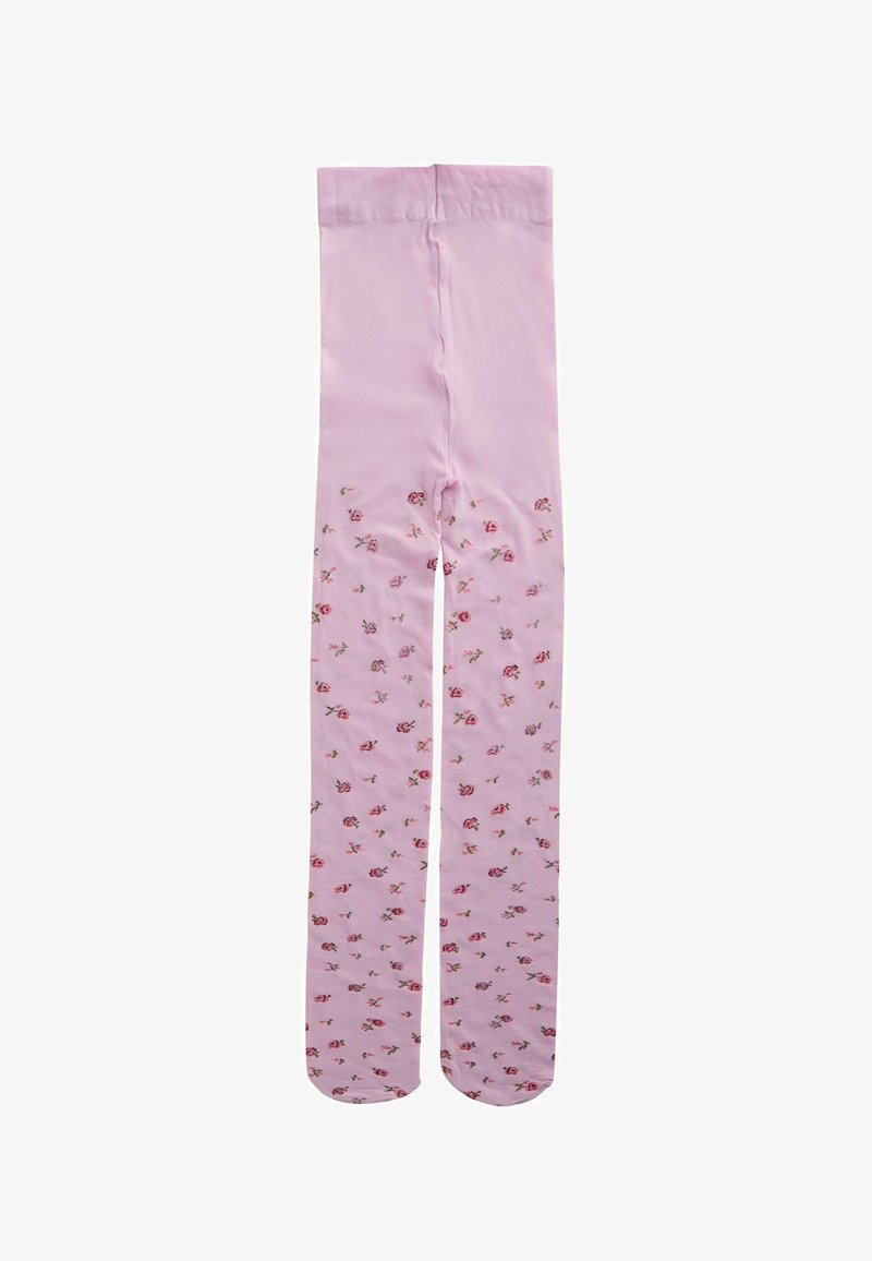 Lichtroze semi-transparante panty's met een bloemenpatroon geconcentreerd van halverwege het dijbeen tot aan de voeten en een effen tailleband.
