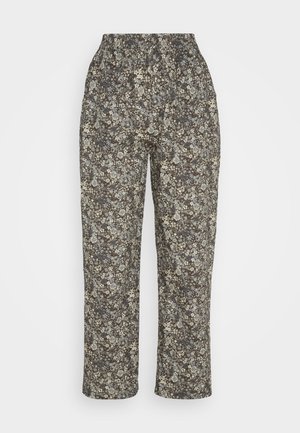Pantaloni a stampa floreale con cintura elastica. Realizzati in tessuto leggero color marrone con motivi floreali in crema, blu e verde. Taglio dritto.