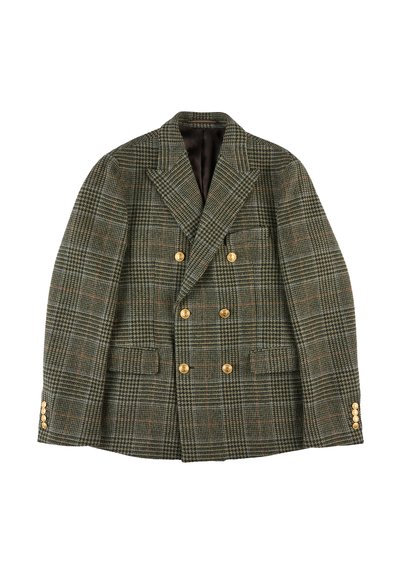 Giacca doppiopetto in un motivo houndstooth verde e marrone, con bottoni dorati, due tasche anteriori e un colletto a bavero.