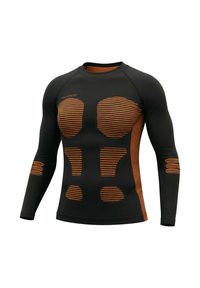 Long-sleeve athletic shirt made of black material with orange striped accents. Features a fitted design and textured detailing for support.