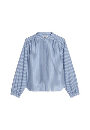 Blue long-sleeve blouse with white vertical stripes, gathered shoulders, buttoned cuffs, and a small collar with a top button.