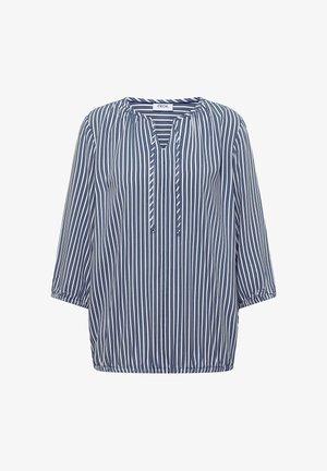 Blau-weiß gestreifte Bluse mit langen Ärmeln, Rundhalsausschnitt und Binddetail vorne.