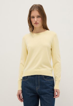 Giovane donna con un maglione a maniche lunghe giallo chiaro e jeans blu scuro, in piedi davanti a uno sfondo chiaro uniforme.