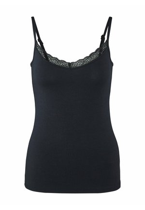 Débardeur noir en tissu doux, avec un décolleté en V orné de dentelle délicate et des bretelles spaghetti ajustables. Matière extensible pour le confort.