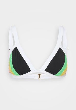 Top de bikini triunghiular negru cu bretele albe, având accente în dungi verzi, galbene și roz. Accesoriile include o cataramă aurie.