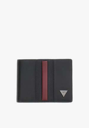 Black leather wallet with red accent stripe, perforated texture, and silver triangle logo. Compact rectangular design for cards and cash.
