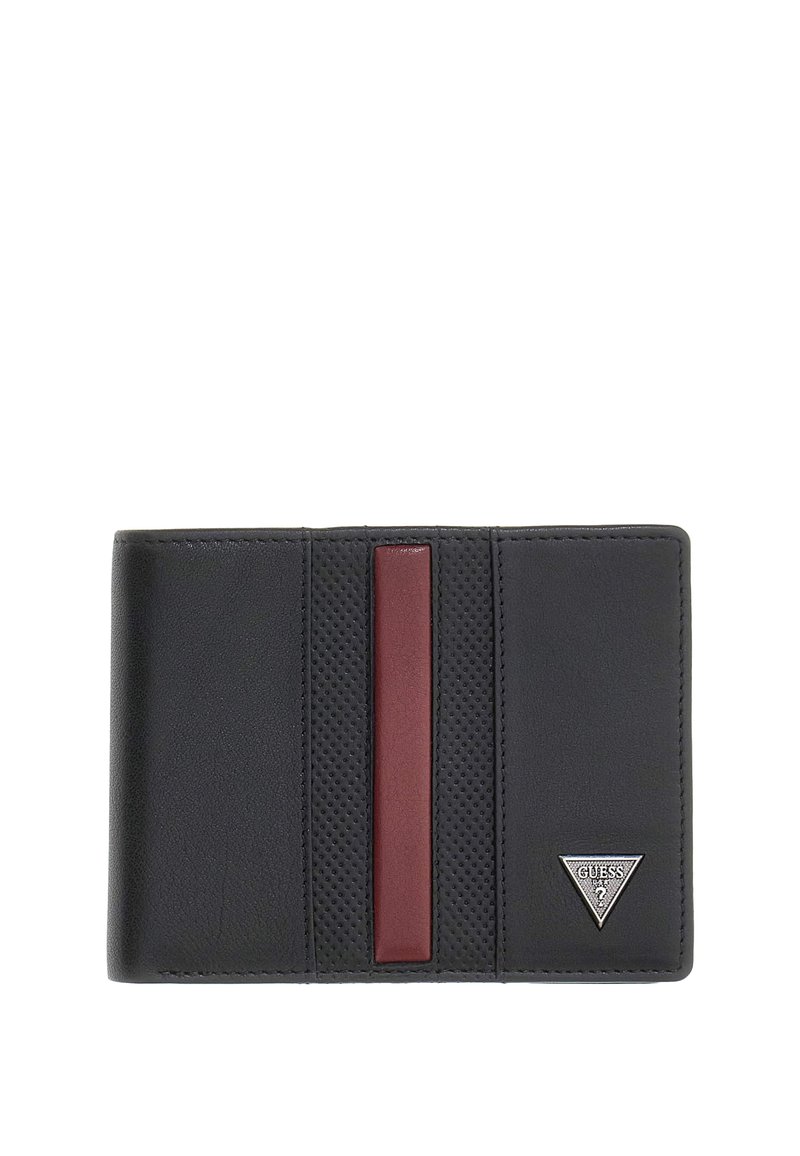 Portefeuille en cuir noir avec bande d'accent rouge, texture perforée et logo triangulaire argenté. Design rectangulaire compact pour cartes et espèces.