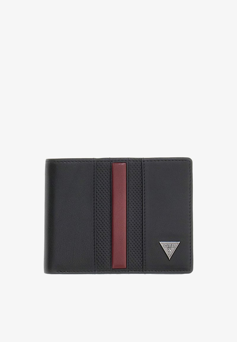 Portefeuille en cuir noir avec bande d'accent rouge, texture perforée et logo triangulaire argenté. Design rectangulaire compact pour cartes et espèces.