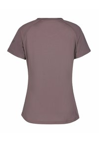 Lyhythihainen urheilu T-paita hillityssä mauve-värissä, valmistettu hengittävästä kankaasta, jossa on teksturoitu pinta. Vasemmassa olkapäässä on hillitty logo.