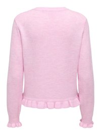 Light pink sweater made of soft material. Features a ruffled hem and cuffs. Simple design with a rounded neckline, viewed from the back.
