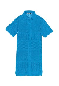 Abito cardigan all'uncinetto di un blu vivace, con maniche corte, colletto, chiusura con bottoni e motivi geometrici testurizzati su tutta la superficie.