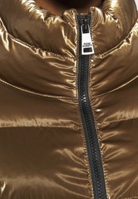 Veste matelassée en bronze métallique avec col montant. Elle est équipée d'une fermeture éclair noire, d'un léger éclat et d'une texture matelassée sur tout le tissu.