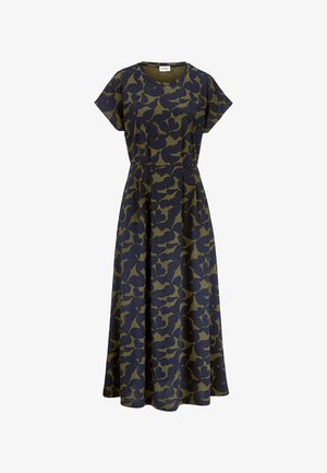 Midi-Kleid mit kurzen Ärmeln, tailliertem Schnitt, olivgrünem Grundton und großem dunkelblauem Blumenmuster.