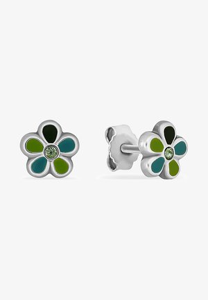Sølv blomsterformede studøreringe med grønne og turkise emalje kronblade og en central grøn sten. Glat tekstur, kompakt design.