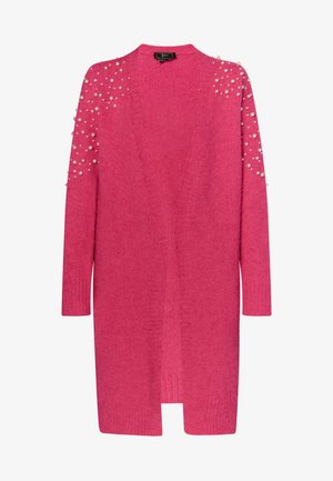 Růžový pletený kardigan s dlouhými rukávy, otevřeným předním dílem a perlami na ramenech. Měkká textilie, střední délka a uvolněný střih.