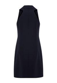 Robe noire sans manches avec un col haut halter et une taille cintrée, vue de face sur fond blanc.