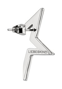 Boucle d'oreille en forme d'éclair argenté avec une finition polie et une fermeture simple à tige. Présente le nom de la marque gravé "LIEBESKIND."