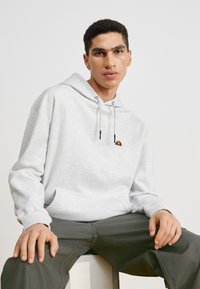 Sudadera gris claro con un bolsillo frontal y cordones ajustables, que presenta un pequeño logo rojo y amarillo en el área del pecho izquierdo.