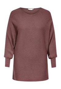 Mörkröd långärmad stickad topp med vid halsringning, ribbad textur och lös passform. Har voluminösa ärmar med åtsittande muddar.