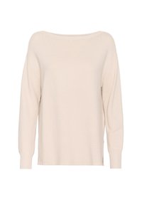 Maglione leggero color beige chiaro con scollatura a barca larga, maniche lunghe, texture a coste e vestibilità comoda. Presenta fessure laterali.