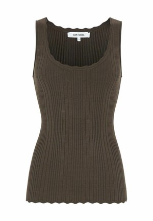 Top bez rukava od rebrastog pletiva tamno maslinasto zelene boje s dubokim okruglim izrezom i valovitim rubom, veličina mala, oznaka Soft Rebels.