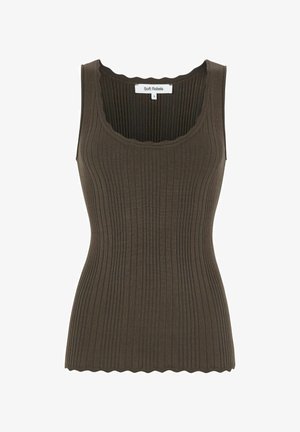 Débardeur en maille côtelée sans manches de couleur vert olive foncé, avec un col rond et un ourlet festonné, taille petite étiquetée Soft Rebels.