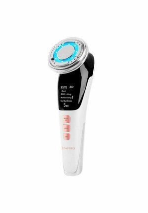 Handliches Beautifly Hautpflegegerät mit LED-Lichtring, digitaler Anzeige der Modi und drei Bedientasten am weißen Griff.