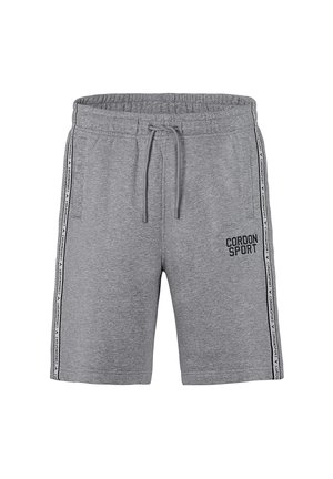 Graue Trainingsshorts mit Kordelzug und seitlichen Streifen mit der Aufschrift „Cordon Sport“ und einem „Cordon Sport“-Logo vorne am rechten Oberschenkel.