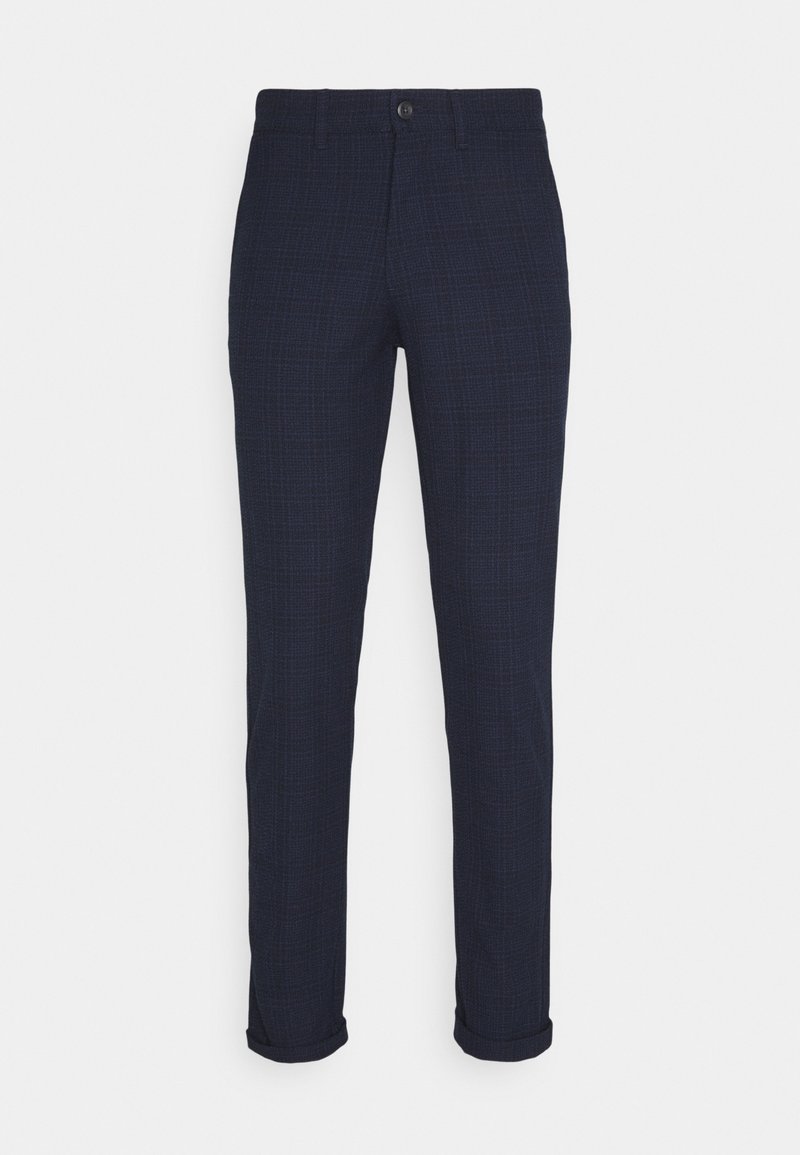 Pantalon slim bleu marine avec un motif texturé subtil, fermeture à boutons devant et ourlets retroussés.