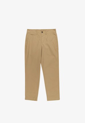 Beige chinos med flad frontdesign, talje med bæltestropper, sidelommer og en enkelt baglomme. Glat, letvægtsstof.