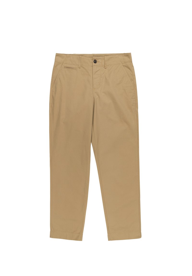 Chino beige con una vestibilità a piatto, cintura con passanti per cintura, tasche laterali e una tasca posteriore singola. Tessuto morbido e leggero.