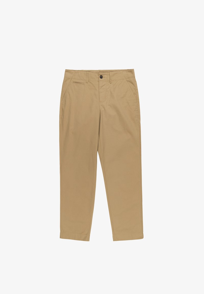 Chino beige con una vestibilità a piatto, cintura con passanti per cintura, tasche laterali e una tasca posteriore singola. Tessuto morbido e leggero.