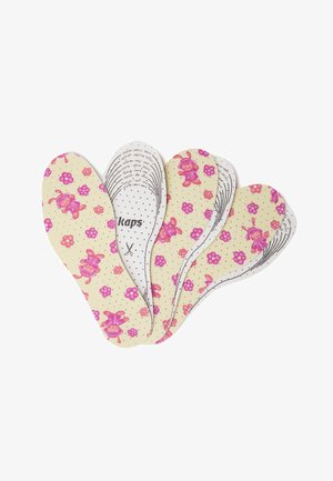 Inlegzolen met een lichtgele basis en een gestippeld patroon, versierd met roze bloemen en cartoonfiguren, textuur voor comfort en ondersteuning.