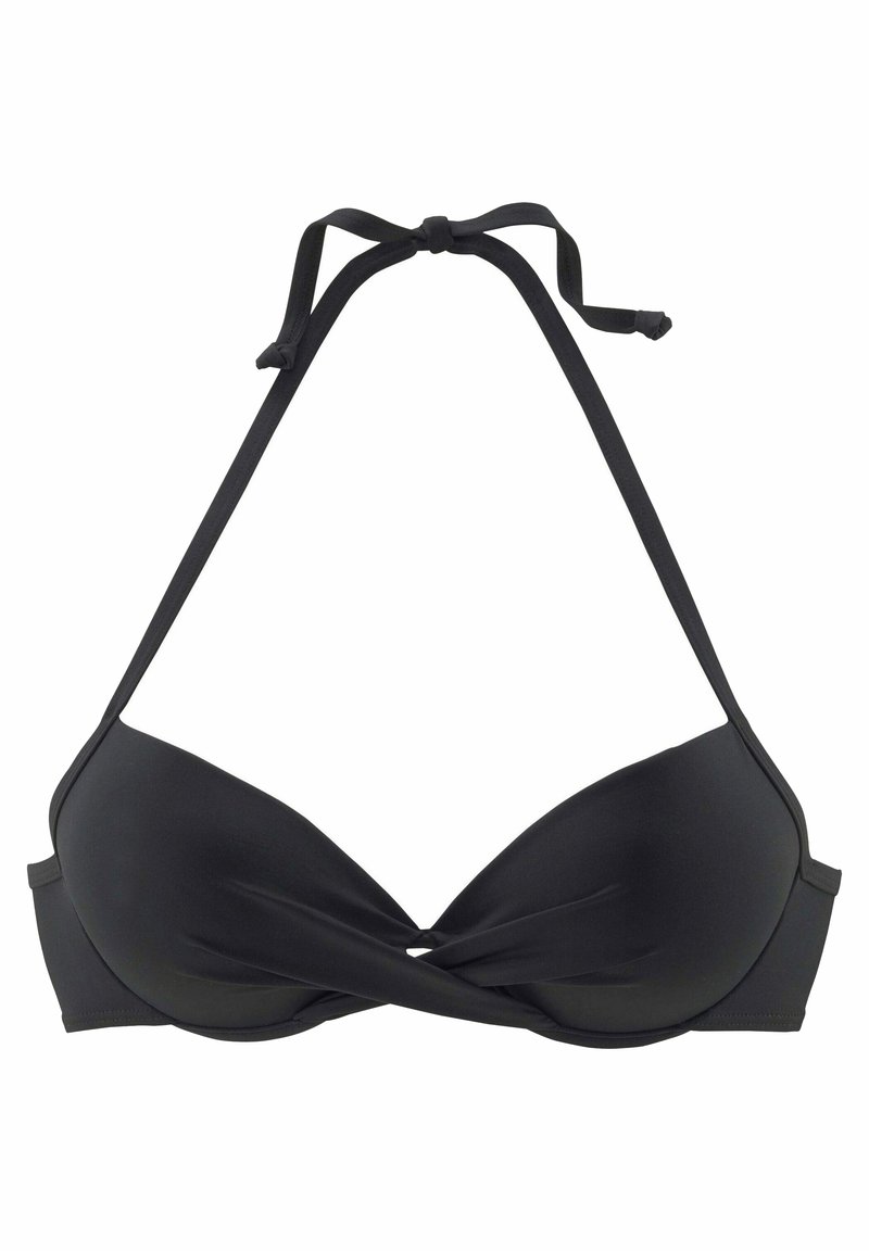 Schwarzes Bikini-Top mit Halterneck, gepolsterten Cups, gedrehter Vorderseite und verstellbaren Bindeschultern für eine individuelle Passform.