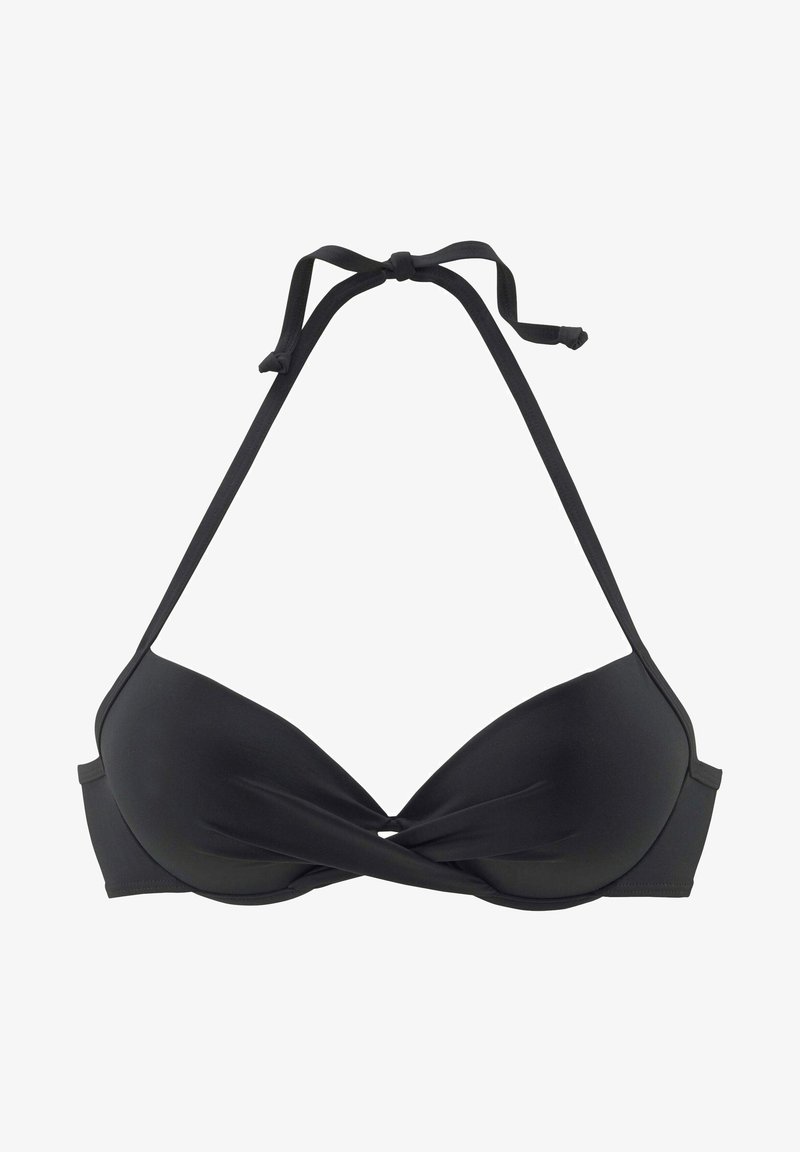 Haut de bikini noir avec encolure halter, bonnets rembourrés, design à l'avant tordu et bretelles ajustables pour un ajustement personnalisé.