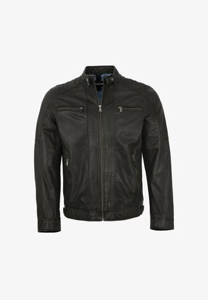 Schwarze Lederjacke mit Reißverschluss vorne, zwei Brustreißverschlusstaschen und Schulterakzenten. Verfügt über einen gerippten Kragen und eine strukturierte Oberfläche.