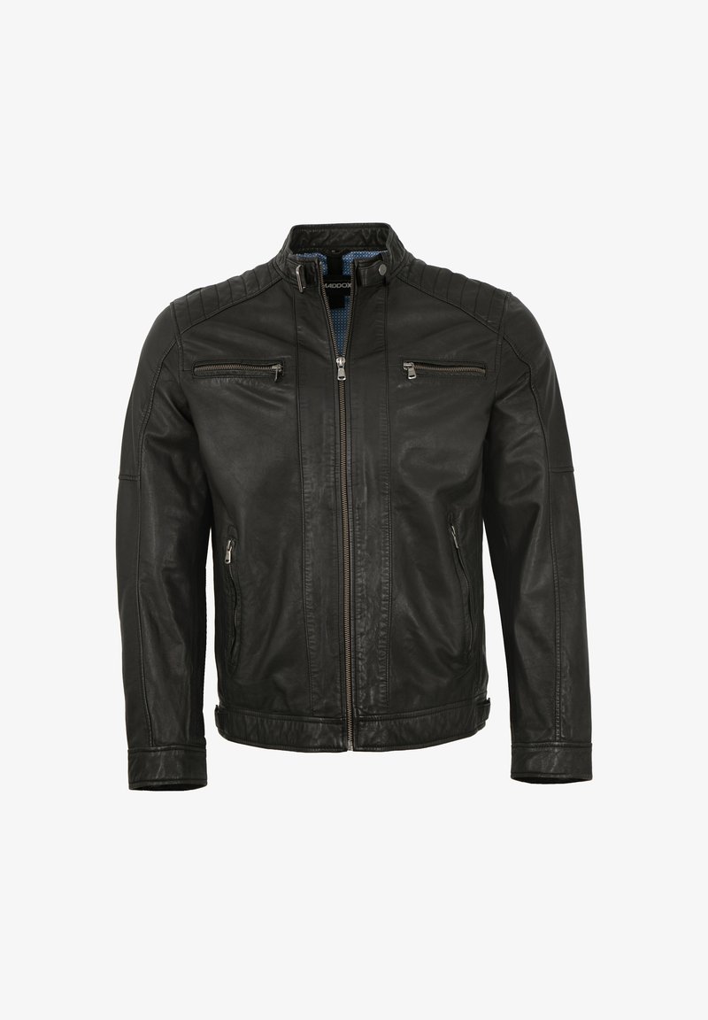 Schwarze Lederjacke mit Reißverschluss vorne, zwei Brustreißverschlusstaschen und Schulterakzenten. Verfügt über einen gerippten Kragen und eine strukturierte Oberfläche.