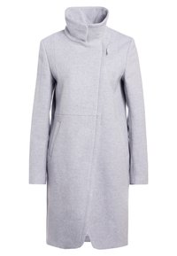 Šedý kabát z vlněné směsi s vysokým límcem, bočními kapsami a elegantním střihem. Má skryté zapínání vpředu a rovný střih.