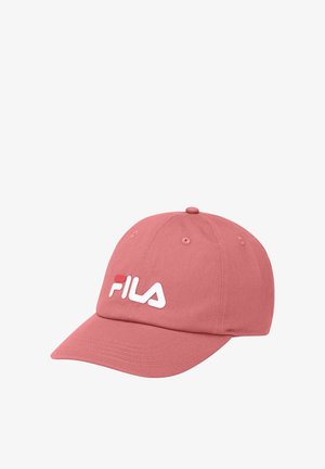 Rosa Baumwollkappe mit einem gebogenen Schirm, die auf der Vorderseite ein weißes Fila-Logo trägt. Mit Belüftungsöffnungen und einem Knopf oben.