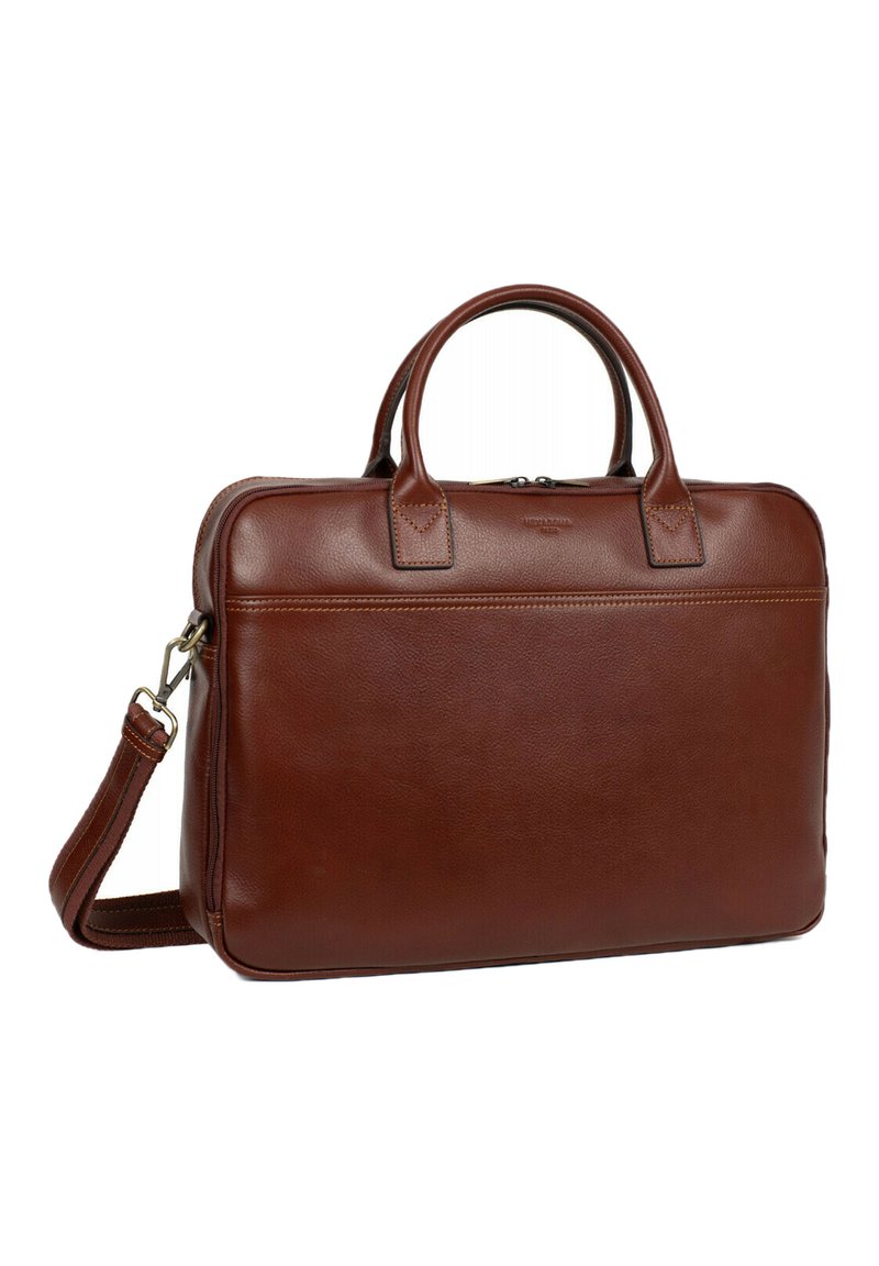 Bruine leren laptoptas met dubbele handvatten en een afneembare schouderriem. Gladde textuur, ingetogen design en subtiele stikdetails.