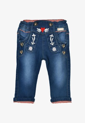 Jeanslatzhosen mit gestickten Blumenmotiven und einem Herz. Dunkelblaue Farbe mit umgeschlagenen Säumen, die ein rotes Gingham-Futter zeigen, sowie dekorativen Knöpfen.