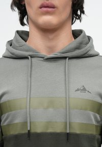 Zbliżenie osoby w zielonym hoodie z górskim logo i poziomymi oliwkowymi oraz szarymi paskami na klatce piersiowej.