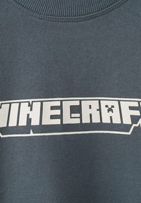 Šedá mikina s žebrovaným výstřihem a velkým bílým nápisem "MINECRAFT". Hladká pletená látka s jemnou texturou.