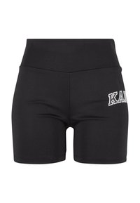 Svarte atletiske shorts laget av elastisk materiale, med høy midje og ordet "KAR" i hvitt nederst til venstre.