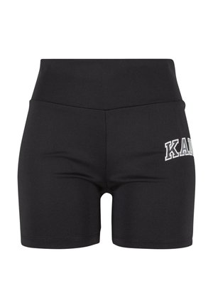 Schwarze Sportshorts aus dehnbarem Material mit hohem Bund und dem Wort "KAR" in Weiß auf der unteren linken Seite.