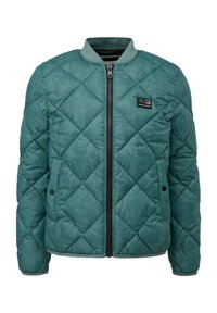 Gepolsterte Bomberjacke in Teal mit Reißverschluss vorne. Verfügt über elastische Bündchen, einen elastischen Saum und ein kleines Logo-Patch auf der Brust.