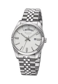 Montre en acier inoxydable argenté avec un cadran texturé blanc, affichage de la date et un bracelet en maillons métalliques. Caractéristiques : une lunette striée et des index en relief.