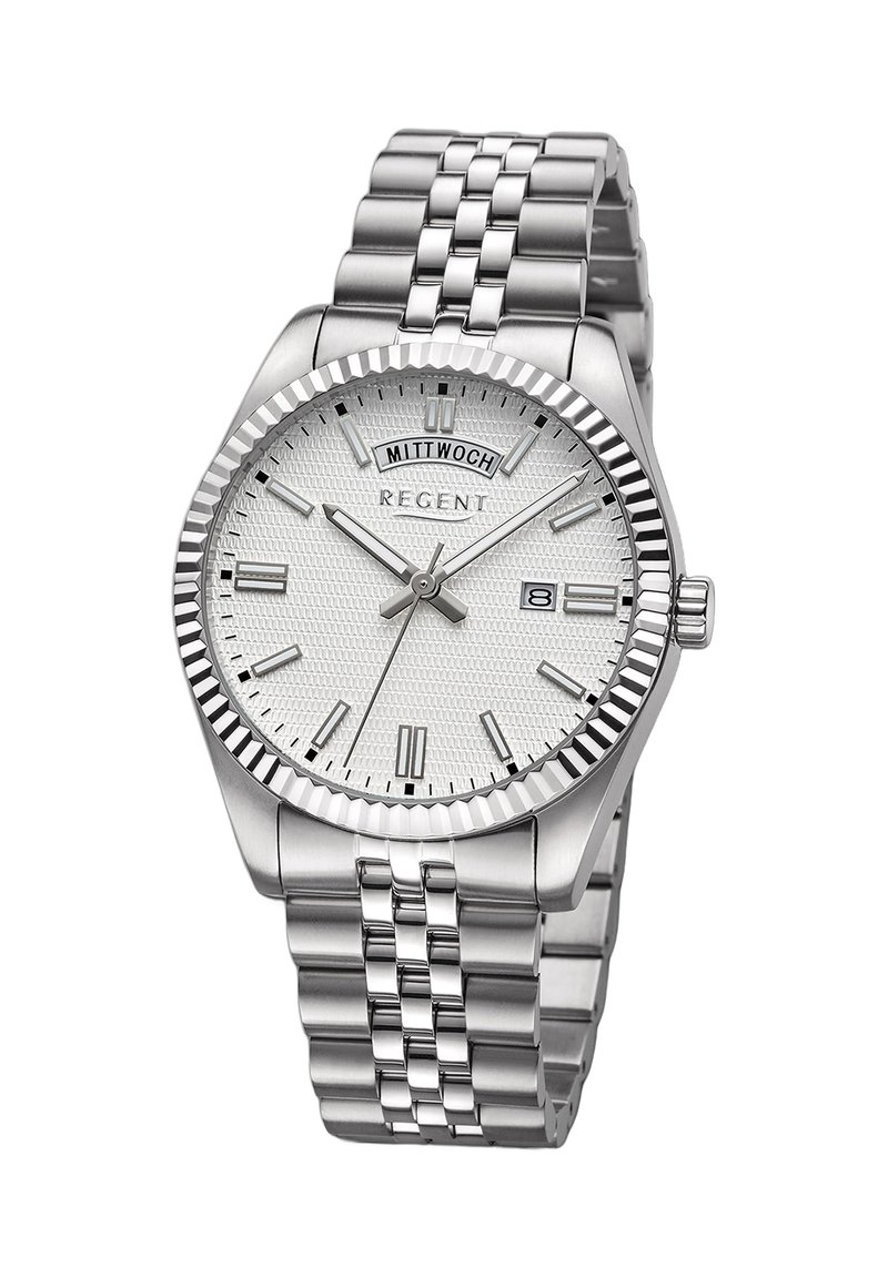 Montre en acier inoxydable argenté avec un cadran texturé blanc, affichage de la date et un bracelet en maillons métalliques. Caractéristiques : une lunette striée et des index en relief.