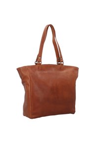 Borsa a tracolla in pelle marrone con manici doppi, forma rettangolare, texture liscia e minimal hardware. Presenta cuciture decorative nella parte superiore.